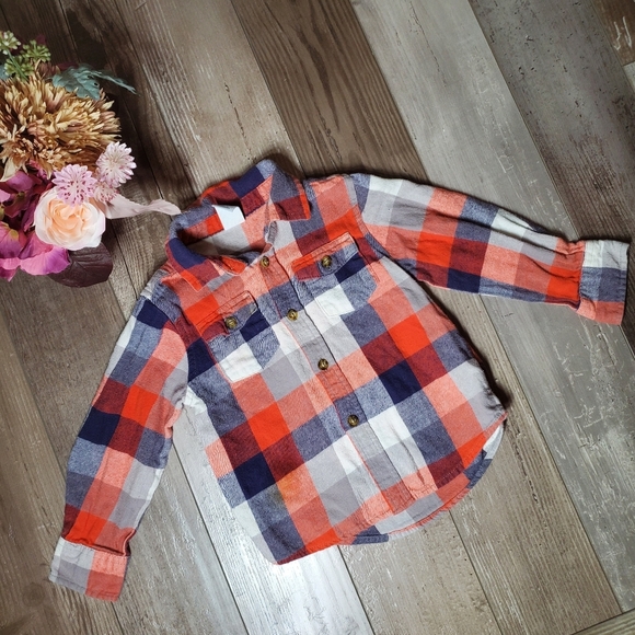 Healthtex Orange Blue White Checked Plaid Button Down Flannel Shirt Size 4T EUC - Picture 1 of 15